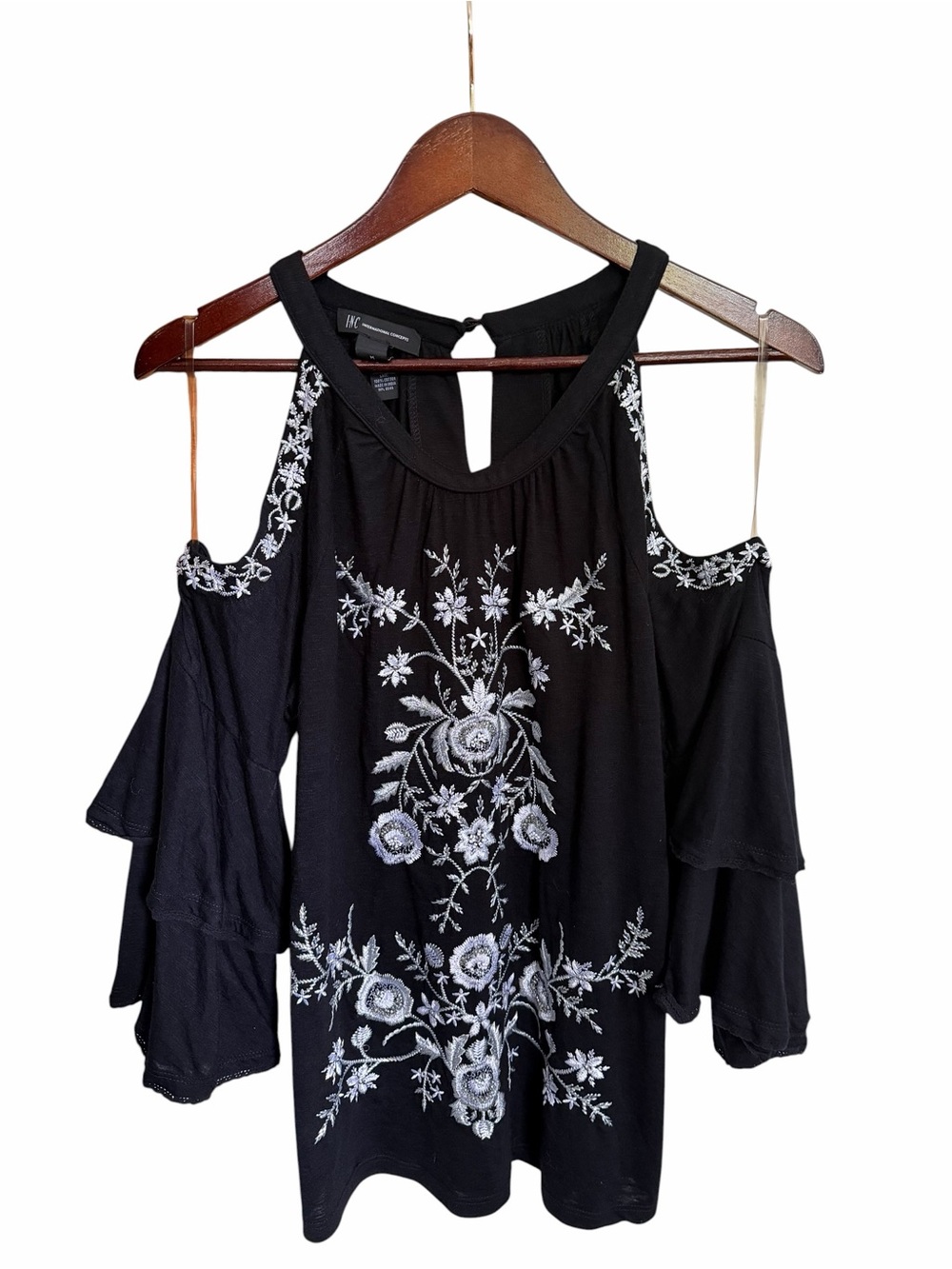 Black Boho Cold Shoulder Top Womens M Metallic Embroidered Beaded Bell Sleeve